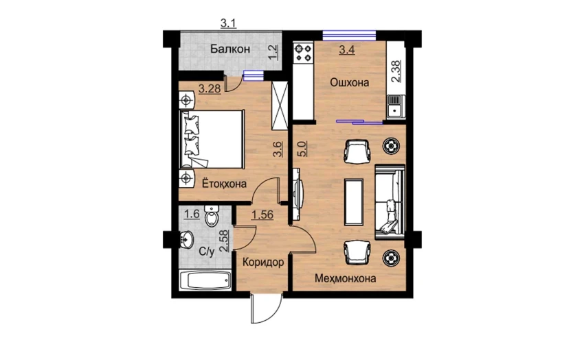 2-комнатная квартира 53.89 м²  16/16 этаж | Жилой комплекс BRILLIANT