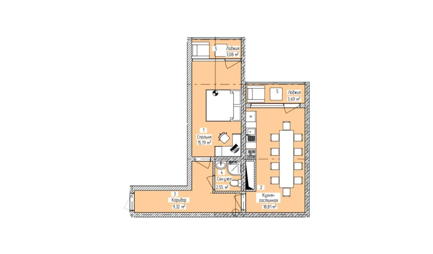 2-xonali xonadon 52.82 m²  12/16 qavat | ELITE ECO CITY Turar-joy majmuasi