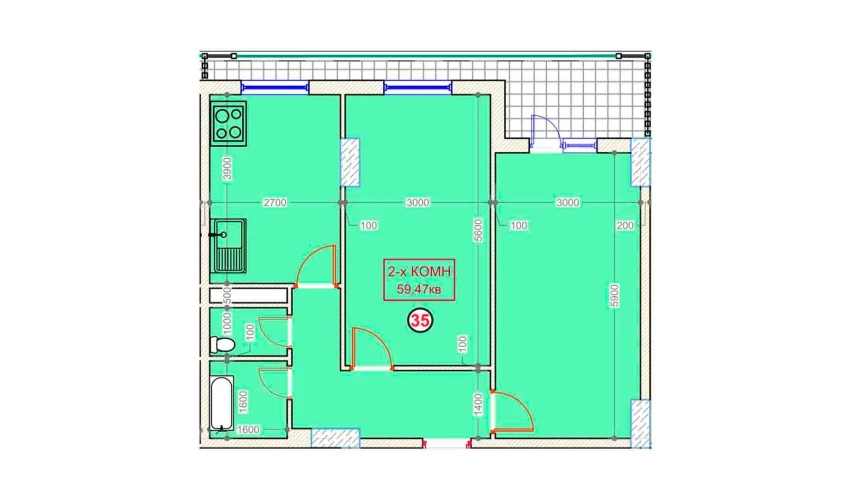 2-комнатная квартира 59.47 м²  2/9 этаж | Жилой комплекс XUMO
