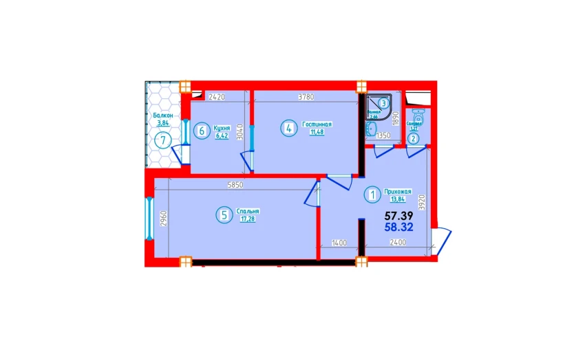 2-комнатная квартира 58.32 м²  7/12 этаж | Жилой комплекс S-Tower