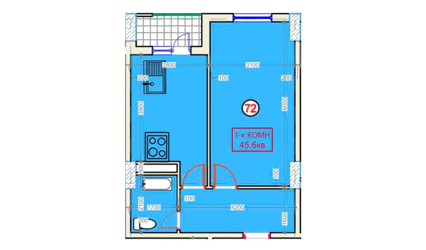 1-комнатная квартира 45.6 м²  3/9 этаж | Жилой комплекс XUMO