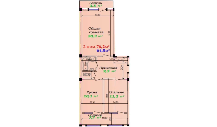 2-комнатная квартира 76.2 м²  3/7 этаж | Жилой комплекс Bunyodkor