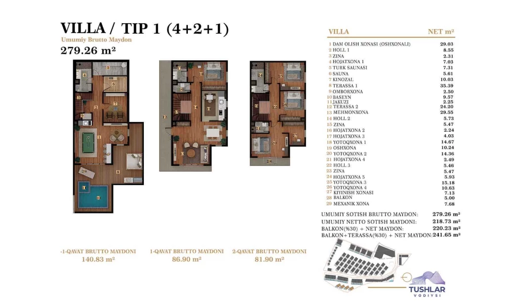 7-xonali xonadon 241.65 m²  1/1 qavat | TUSHLAR VODIYSI Turar-joy majmuasi