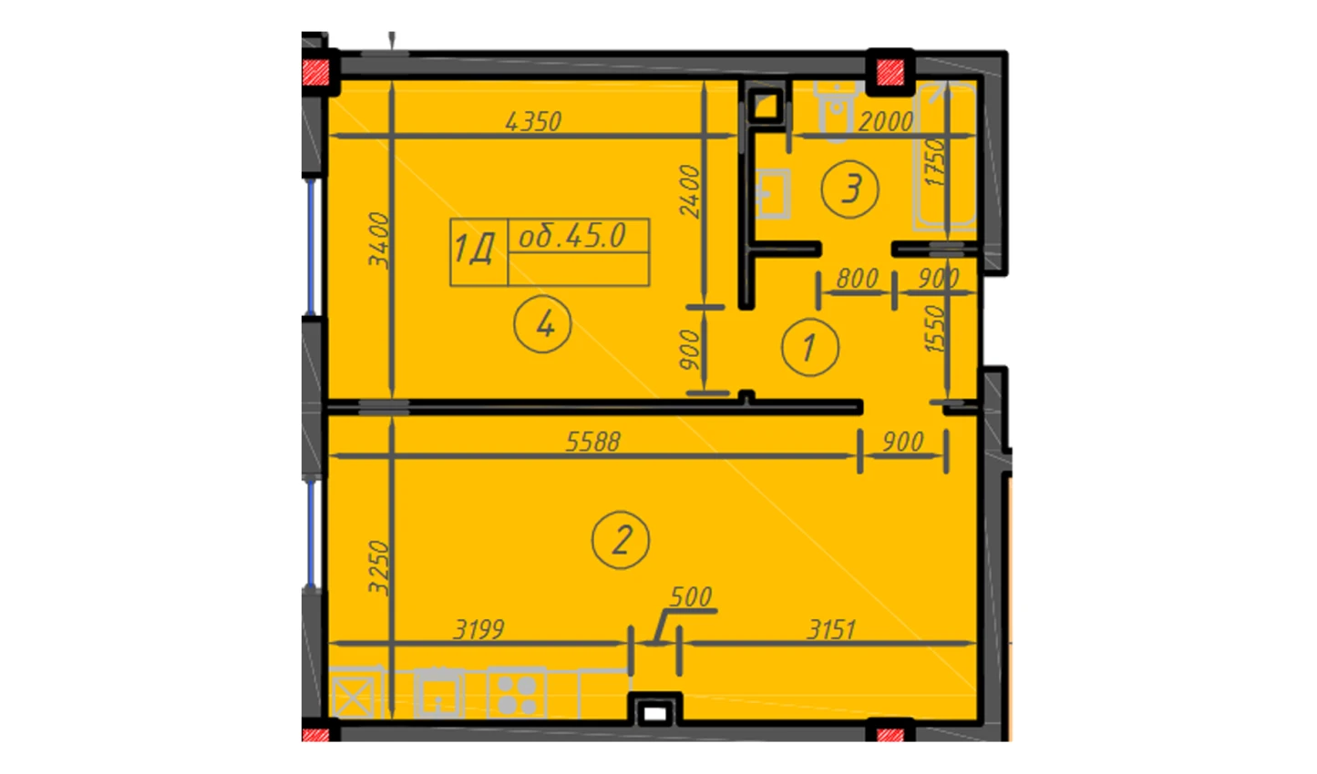 1-xonali xonadon 48 m²  2/12 qavat | Sokin hayot Turar-joy majmuasi