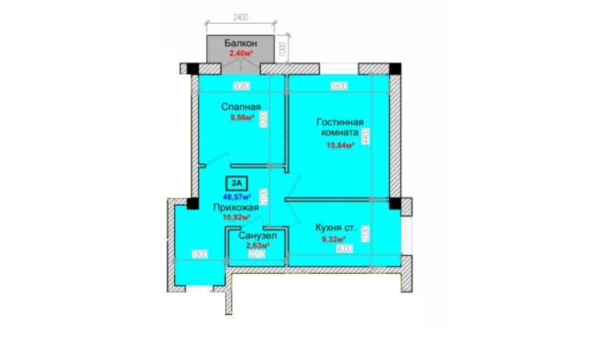2-xonali xonadon 48.57 m²  2/6 qavat | Taqachi Turar-joy majmuasi