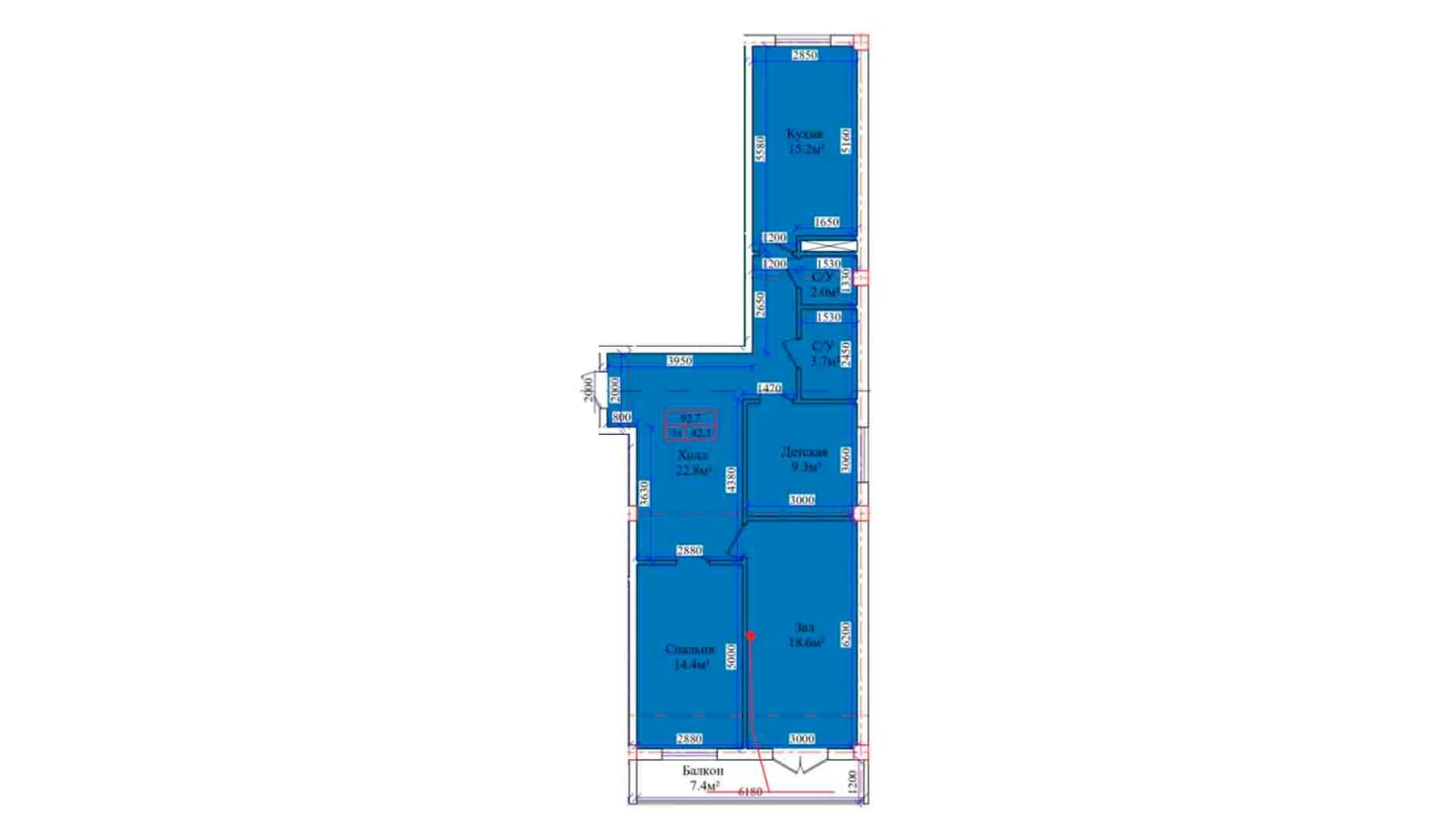 3-комн. квартира 92.7 м²  4/9 этаж | Жилой комплекс CHIRCHIQ CITY