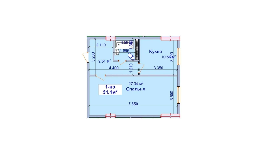 1-xonali xonadon 51.1 m²  1/9 qavat | SHAYX-UL OLAM Turar-joy majmuasi
