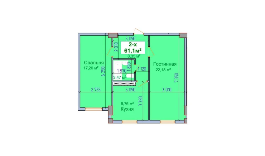 2-xonali xonadon 61.1 m²  1/9 qavat | SHAYX-UL OLAM Turar-joy majmuasi