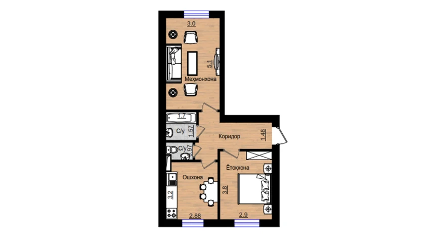 2-комнатная квартира 55.82 м²  1/5 этаж | Жилой комплекс QIZILTEPA