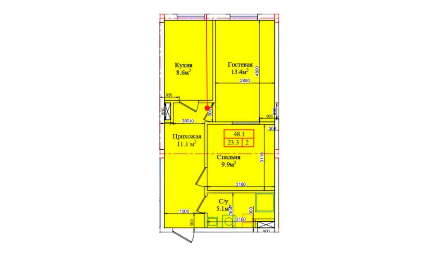 1-xonali xonadon 41.8 m²  1/9 qavat | CHIRCHIQ CITY Turar-joy majmuasi