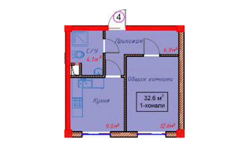 1-комнатная квартира 32.6 м²  1/10 этаж | Жилой комплекс Orzular