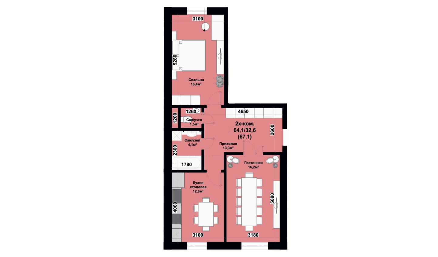 2-xonali xonadon 67.1 m²  5/8 qavat | SMART HOUSE NURAFSHAN Turar-joy majmuasi