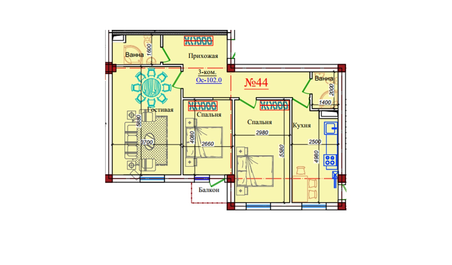 3-комн. квартира 102 м²  6/9 этаж | Жилой комплекс ZAR ZAMONAVIY UYLAR