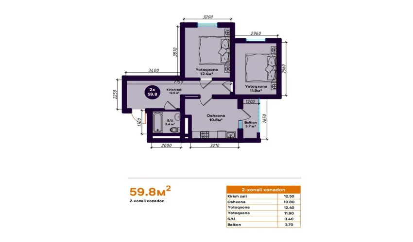 2-xonali xonadon 59.8 m²  5/16 qavat | TURON Turar-joy majmuasi