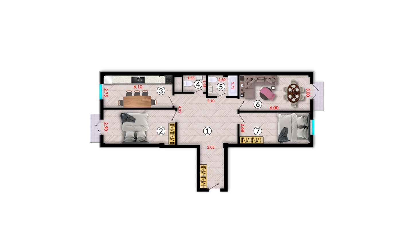 3-xonali xonadon 109.1 m²  9/10 qavat | Ko'kcha-Oqtepa Turar-joy majmuasi