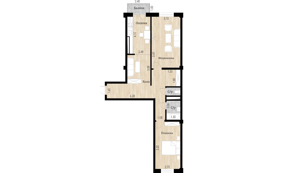 2-xonali xonadon 61.61 m²  7/10 qavat | Ko'kcha-Oqtepa Turar-joy majmuasi