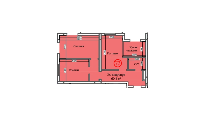 3-комнатная квартира 60.4 м²  13/14 этаж | Жилой комплекс Al-Barakat