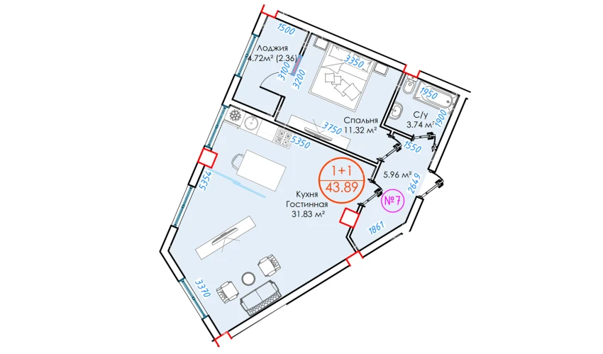 1-комнатная квартира 43.89 м²  7/16 этаж | Жилой комплекс ALFA CITY
