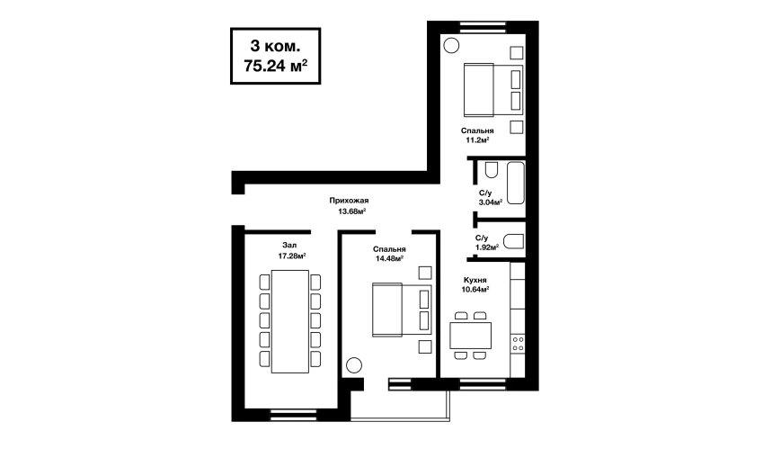 3-xonali xonadon 73.24 m²  6/7 qavat | SABZAVOT CITY Turar-joy majmuasi