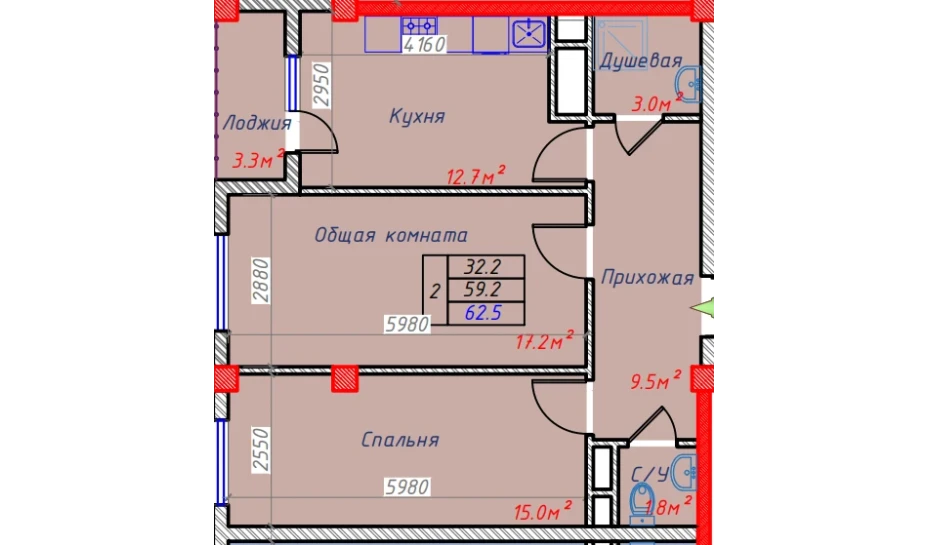 2-xonali xonadon 62.5 m²  5/9 qavat | Hakimi Towers Turar-joy majmuasi