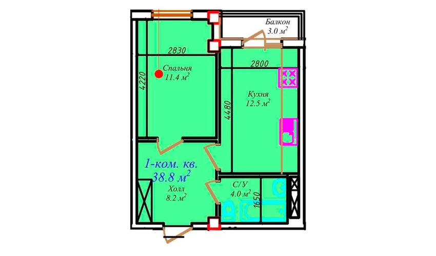 1-xonali xonadon 38.8 m²  7/7 qavat | CHIRCHIQ CITY Turar-joy majmuasi