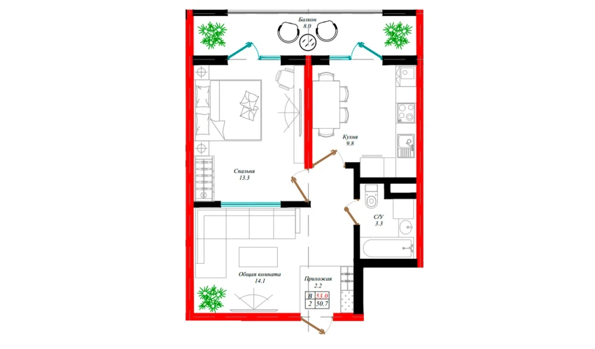 2-xonali xonadon 50.7 m²  3/12 qavat | Aman Residence Turar-joy majmuasi
