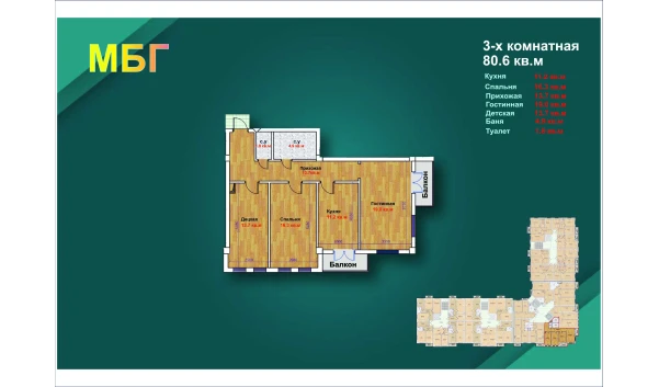 3-комнатная квартира 80.6 м²  2/9 этаж | Жилой комплекс MBG