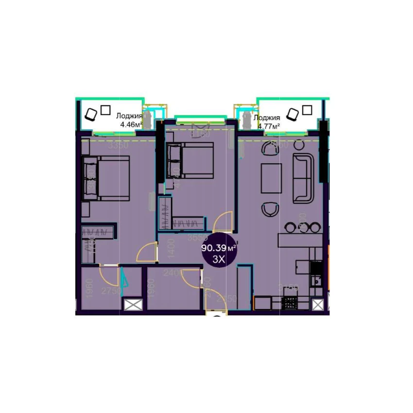 3-xonali xonadon 90.39 m²  18/19 qavat | Central Avenue Turar-joy majmuasi