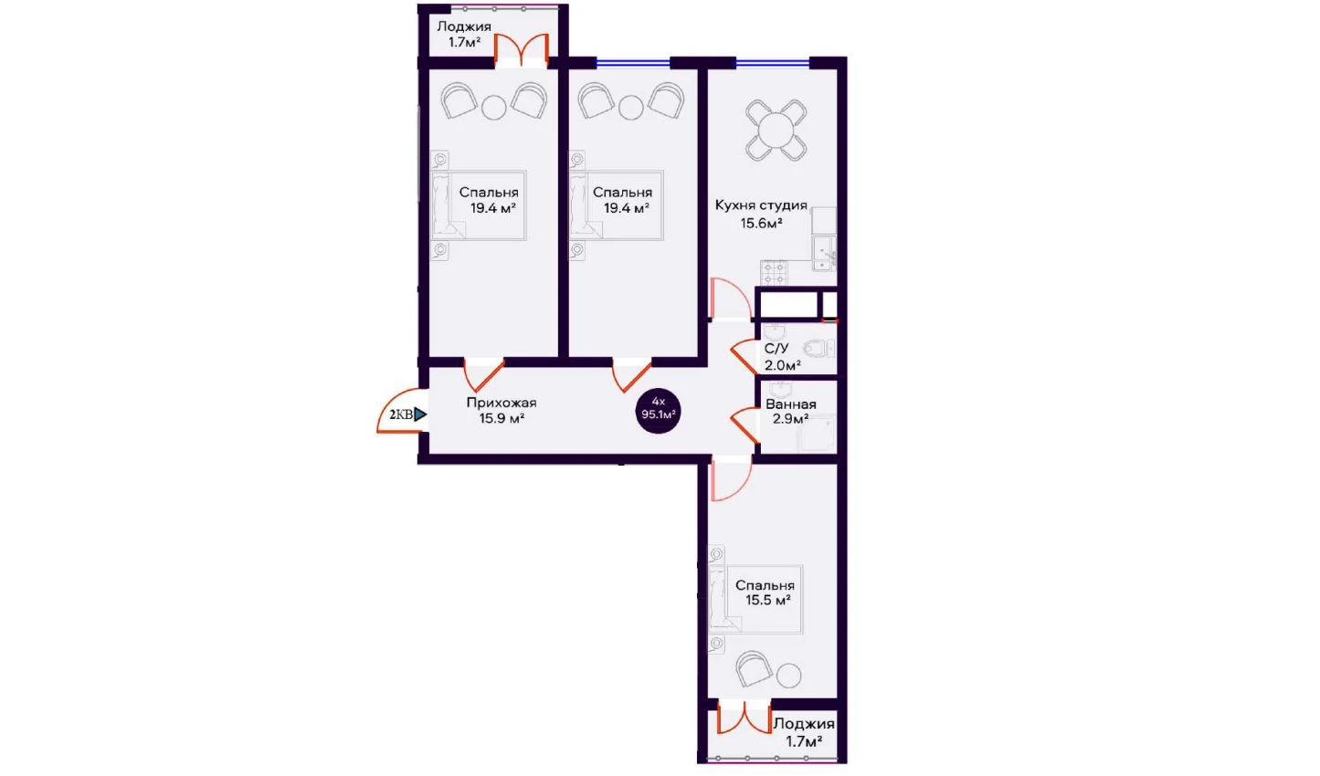 4-комн. квартира 95.1 м²  12/16 этаж | Жилой комплекс Crystal Avenue