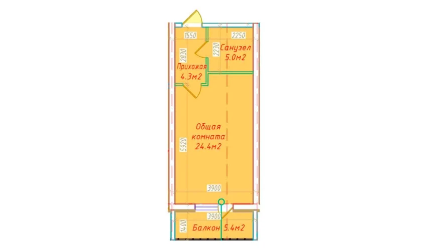 1-xonali xonadon 39.1 m²  4/16 qavat | DO'MBIROBOD RESIDENCE Turar-joy majmuasi