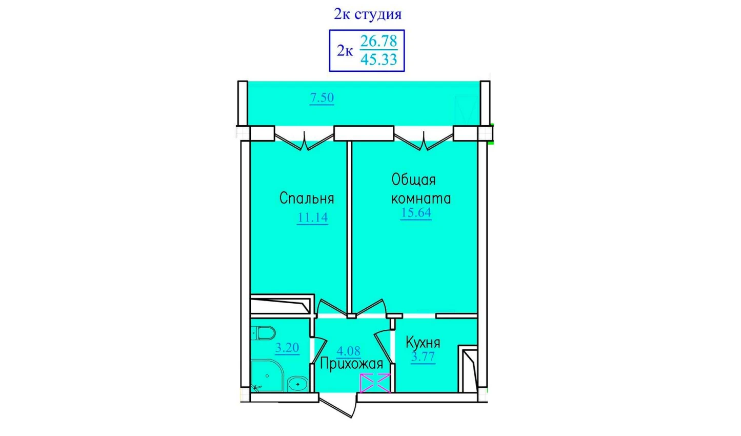 2-xonali xonadon 45.33 m²  7/9 qavat | PROVANS Turar-joy majmuasi