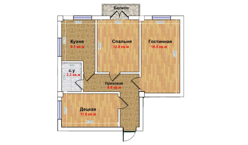 3-xonali xonadon 62.3 m²  6/6 qavat | MBG Turar-joy majmuasi