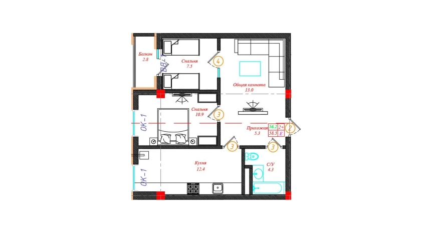 2-комнатная квартира 58.5 м²  3/12 этаж | Жилой комплекс CHINARA PARK