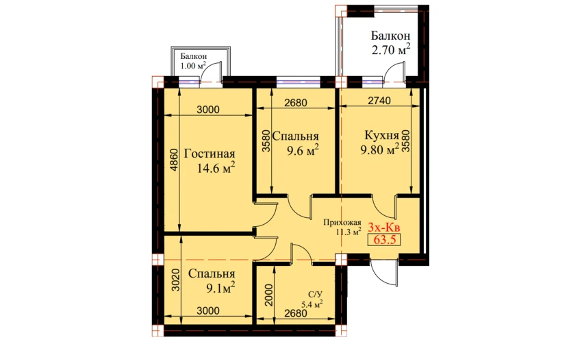 3-xonali xonadon 66.2 m²  7/8 qavat | MUHTASHAM Turar-joy majmuasi