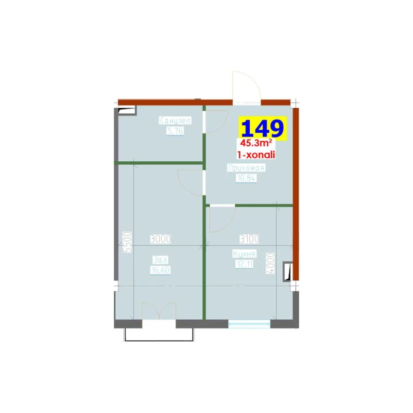 1-комн. квартира 45.3 м²  8/9 этаж | Жилой комплекс YANGI AVLOD