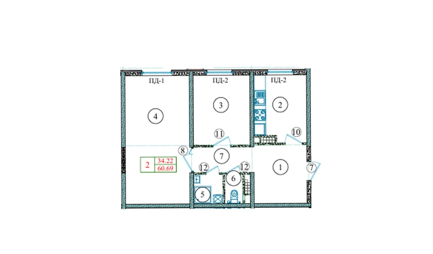 2-xonali xonadon 60.69 m²  2/9 qavat | Yangi O'zbekiston Turar-joy majmuasi