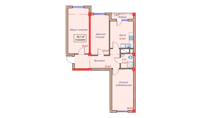 3-комнатная квартира 85.7 м²  9/9 этаж | Жилой комплекс Orzular
