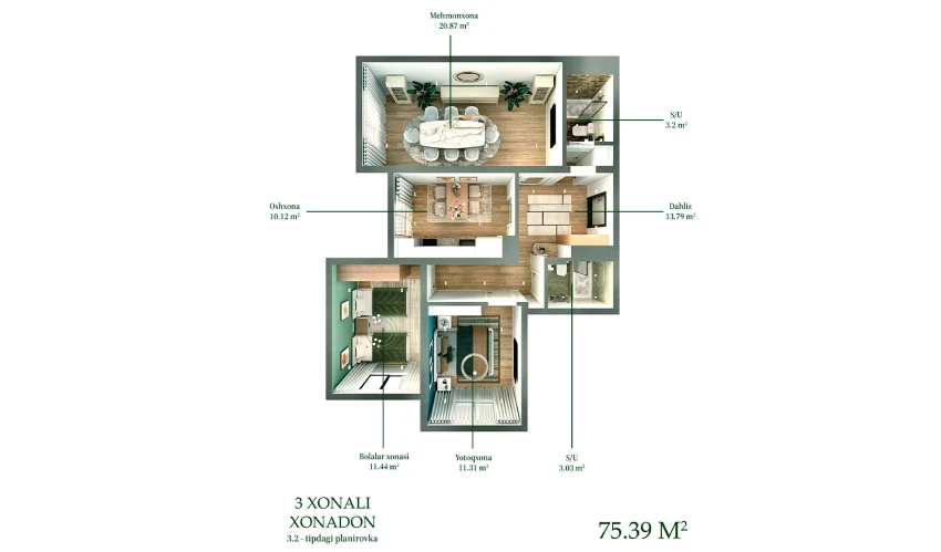 3-xonali xonadon 75.39 m²  11/16 qavat | BASHKENT Turar-joy majmuasi