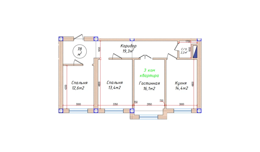 3-комнатная квартира 78 м²  1/5 этаж | Жилой комплекс Oq mahalla