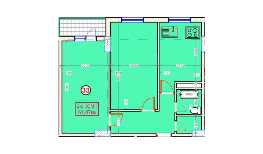 2-xonali xonadon 61.07 m²  7/9 qavat | XUMO Turar-joy majmuasi