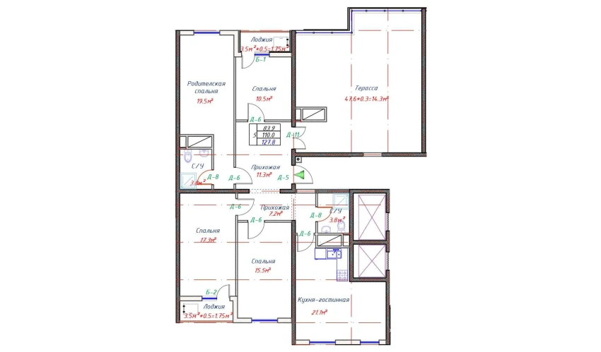 5-xonali xonadon 110 m²  16/16 qavat | Crystal Avenue Turar-joy majmuasi