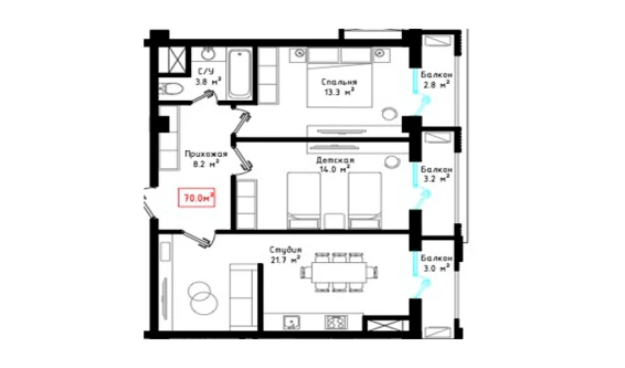 2-комнатная квартира 70 м²  2/10 этаж | Жилой комплекс Qadriyat