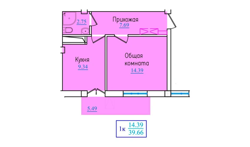 1-xonali xonadon 39.66 m²  4/9 qavat | PROVANS Turar-joy majmuasi