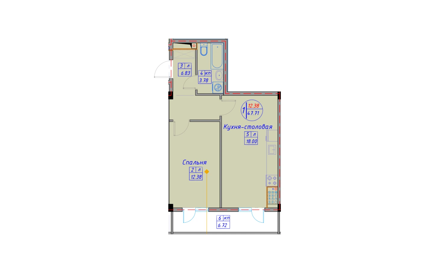 1-комн. квартира 52.01 м²  2/12 этаж | Жилой комплекс SPUTNIK AVENUE