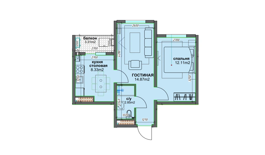 2-комнатная квартира 39.82 м²  15/16 этаж | Жилой комплекс BASHKENT