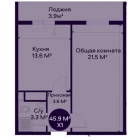 1-комн. квартира 45.9 м²  2/9 этаж | Жилой комплекс YAQINLAR