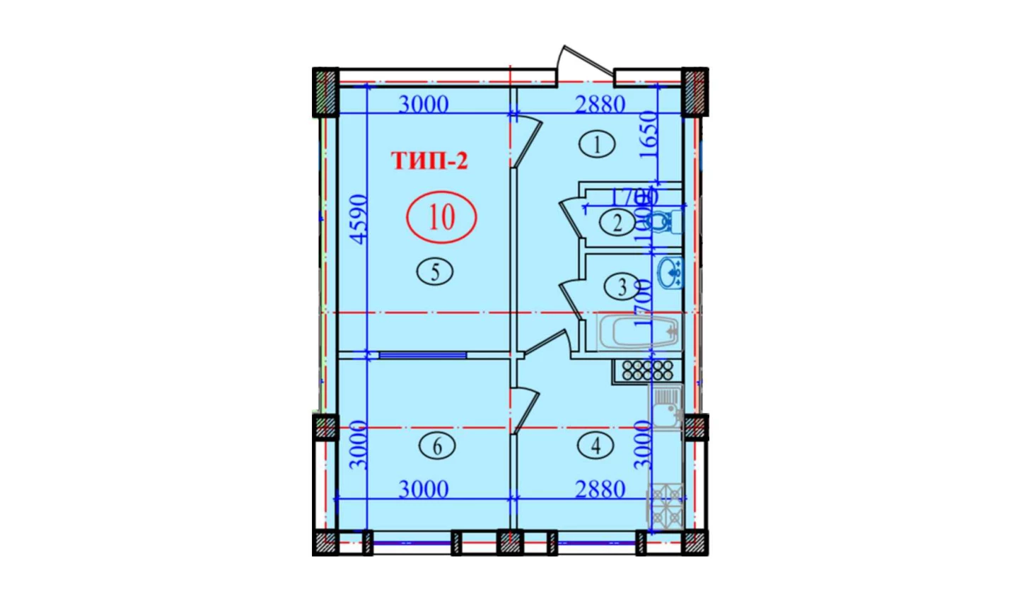 2-xonali xonadon 51.2 m²  3/9 qavat | Orzular Turar-joy majmuasi