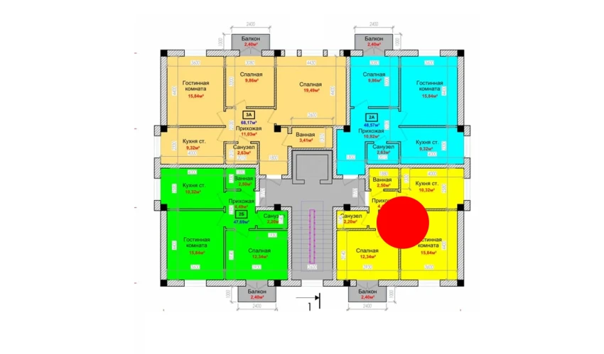 2-комнатная квартира 47.69 м²  5/6 этаж | Жилой комплекс Taqachi