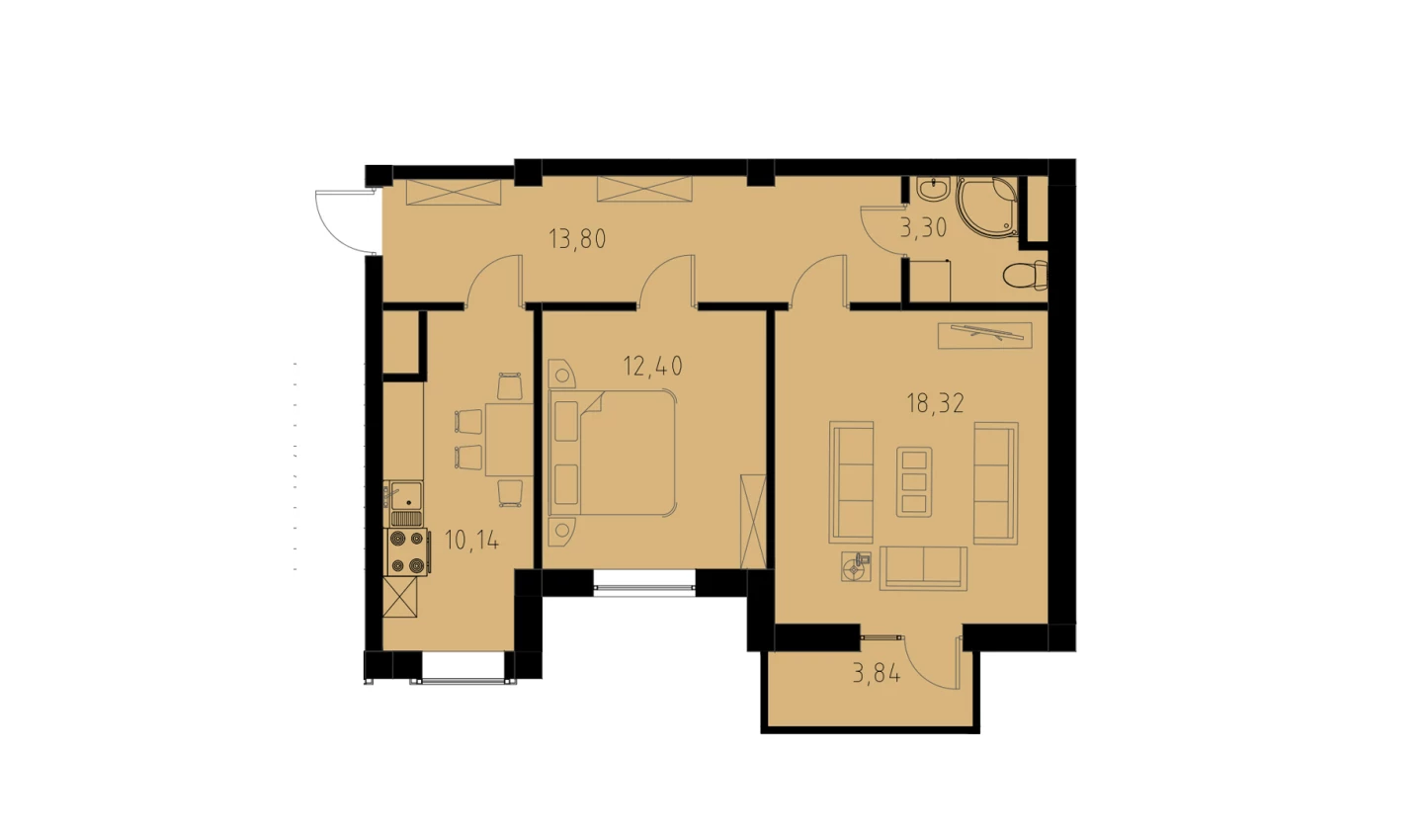 2-xonali xonadon 59.11 m²  2/9 qavat | MINGCHINOR Turar-joy majmuasi