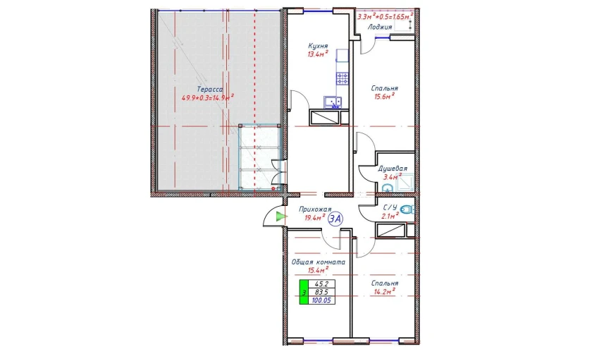 2-xonali xonadon 83.5 m²  16/16 qavat | Crystal Avenue Turar-joy majmuasi